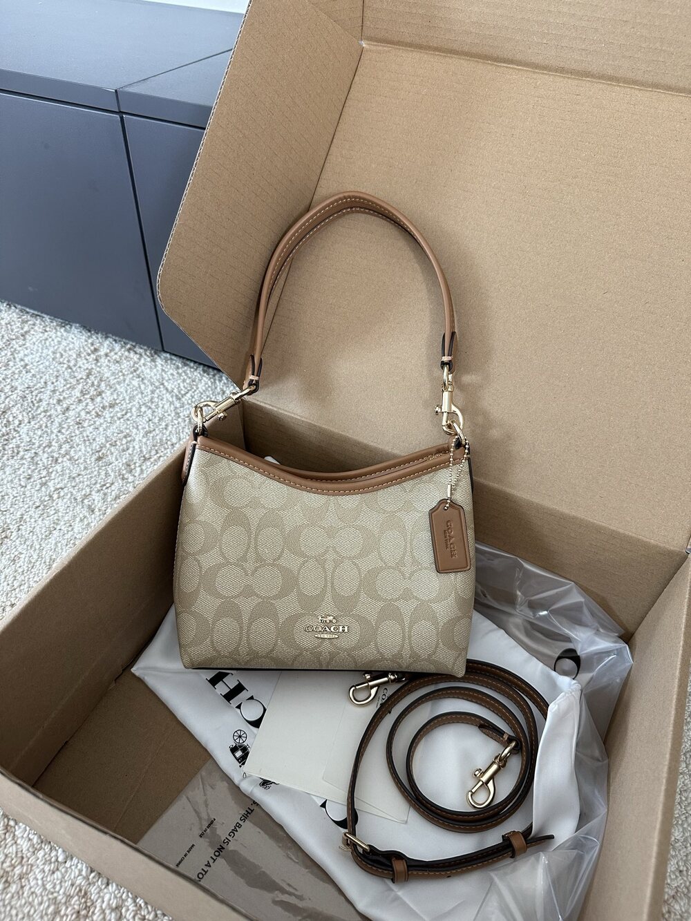 Coach Light Khaki Signature Mini Hobo Underarm Crossbody Bag
